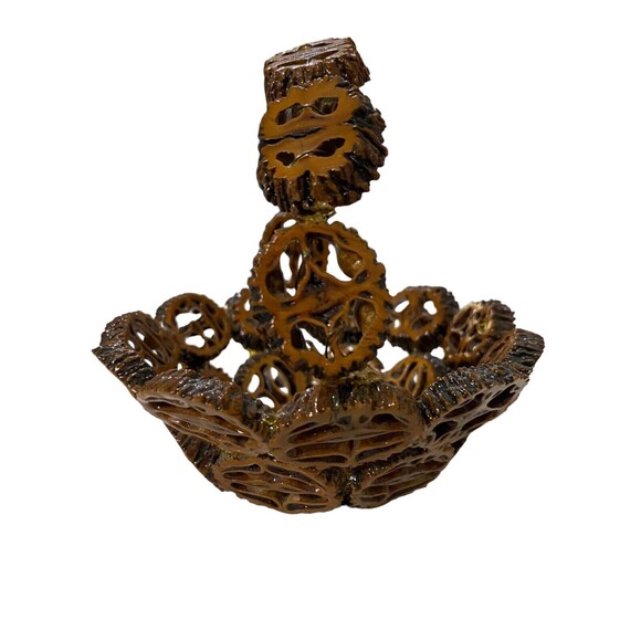 Sliced Black Walnut Basket w/Handle Folk Art Mini Small Hand Made Shell Nut - Picture 6 of 12